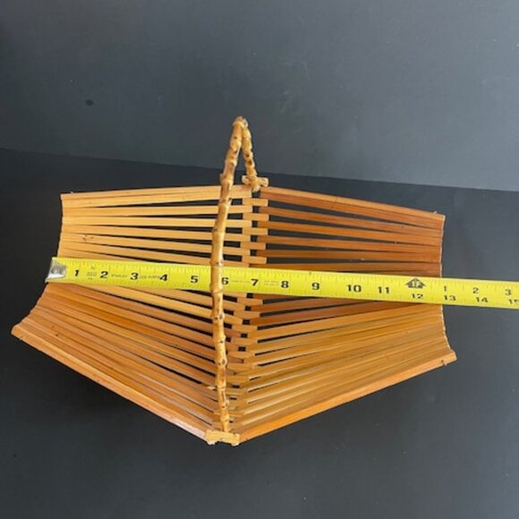 Set of  2 Vintage Mid-Century Bamboo Teak Folding Fruit Bowls w/ Handle, 1950s - Picture 5 of 9